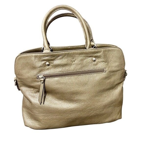 PULICATI Italian Leather Hand Bag Crossbody Champagne Gold & Black NWT - Picture 2 of 12